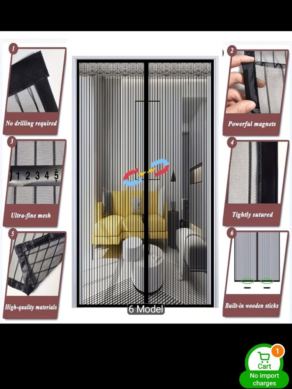 Magnetic Mesh Door Screen Curtain in Black - Double Panel